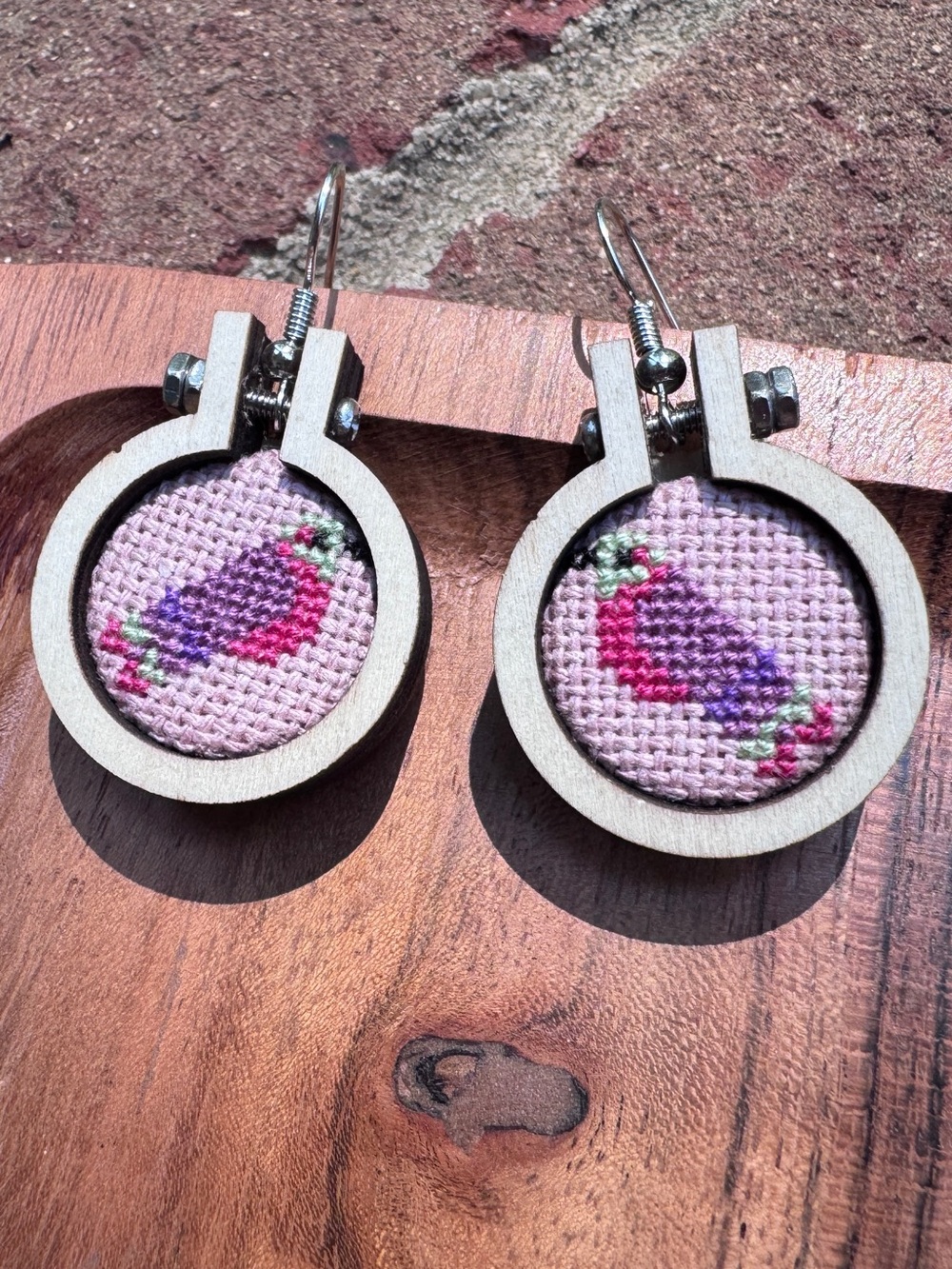 Handmade Bird Cross Stitch Hoop Earrings